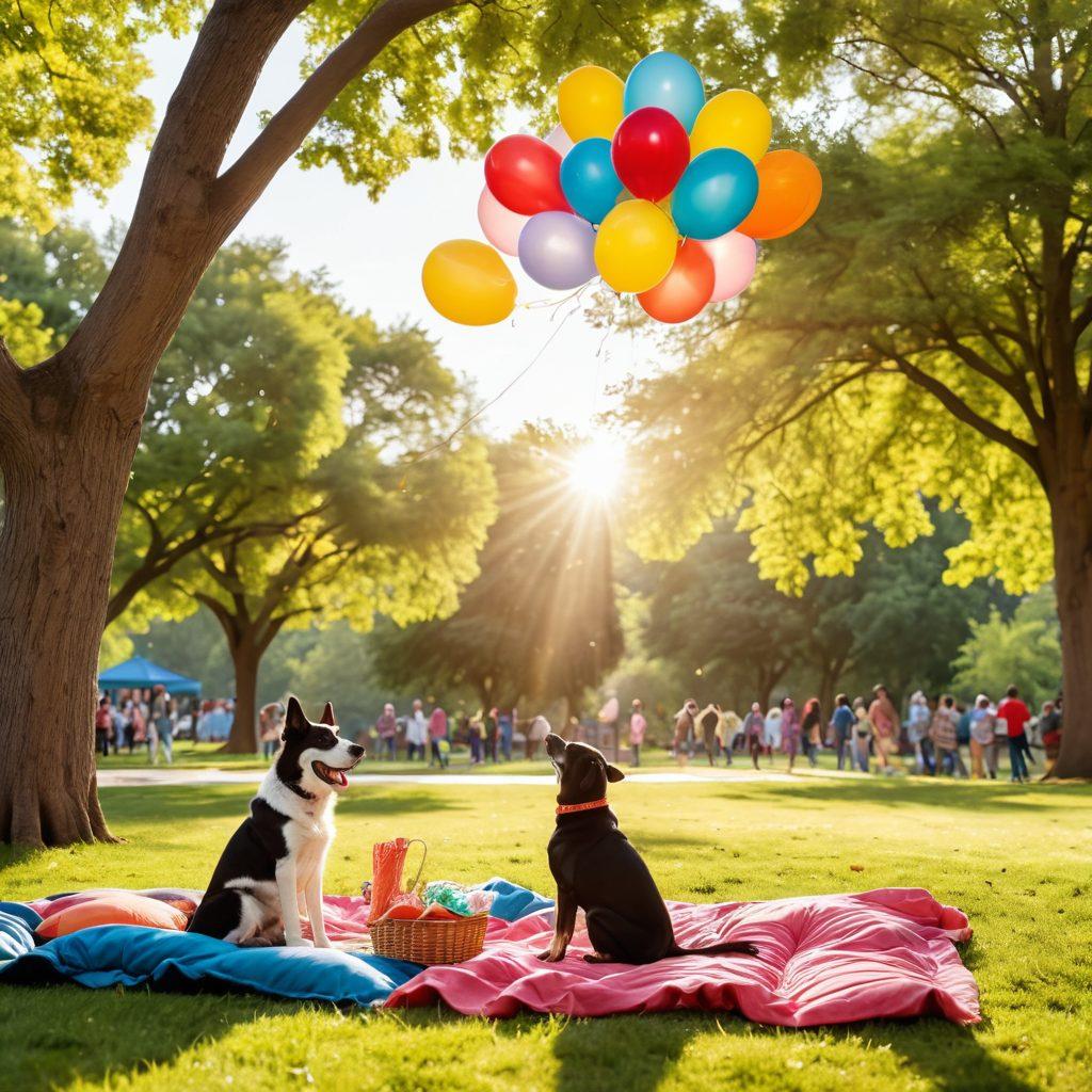 A cheerful park scene filled with diverse people of all ages enjoying various activities, such as picnicking, playing games, and laughing together. Colorful balloons and festive decorations adorn the trees to evoke a lighthearted atmosphere. Bright sunlight filters through the leaves, casting playful shadows, while a gentle breeze rustles the grass. Include a friendly dog playing nearby to enhance the joyful vibe. vibrant colors. super-realistic.